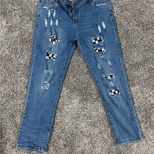 Distressed checkered black and white  Blue Jeans 2xl